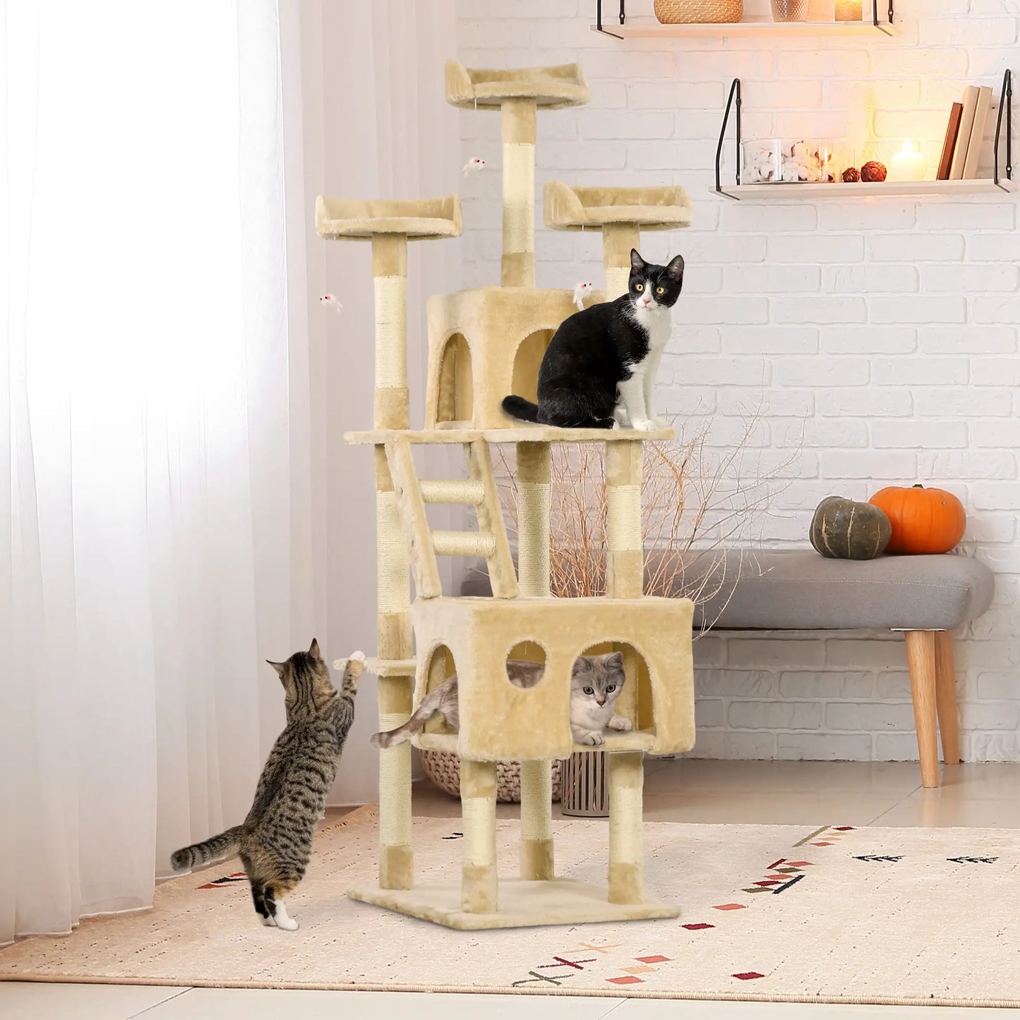 71-Inch Multi Level Cat Scratching Tree, Kitty Condo with Toys, Beige Cat Towers at Gallery Canada
