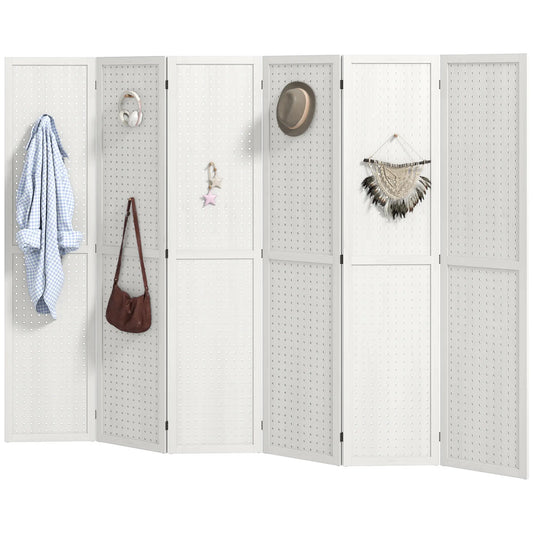 5.6 Ft. 6-Panel Room Divider, Pegboard Privacy Screen, White