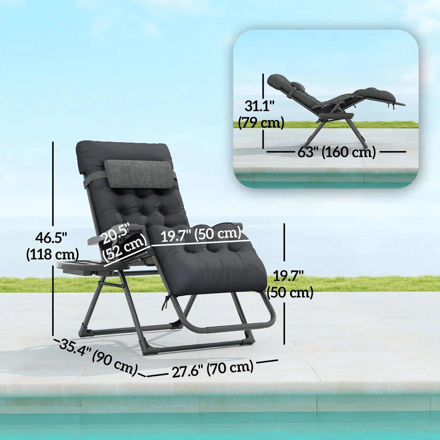 Padded Folding Recliner Chair, Adjustable Backrest, Removable Cushion, Black Lounger Chairs at Gallery Canada