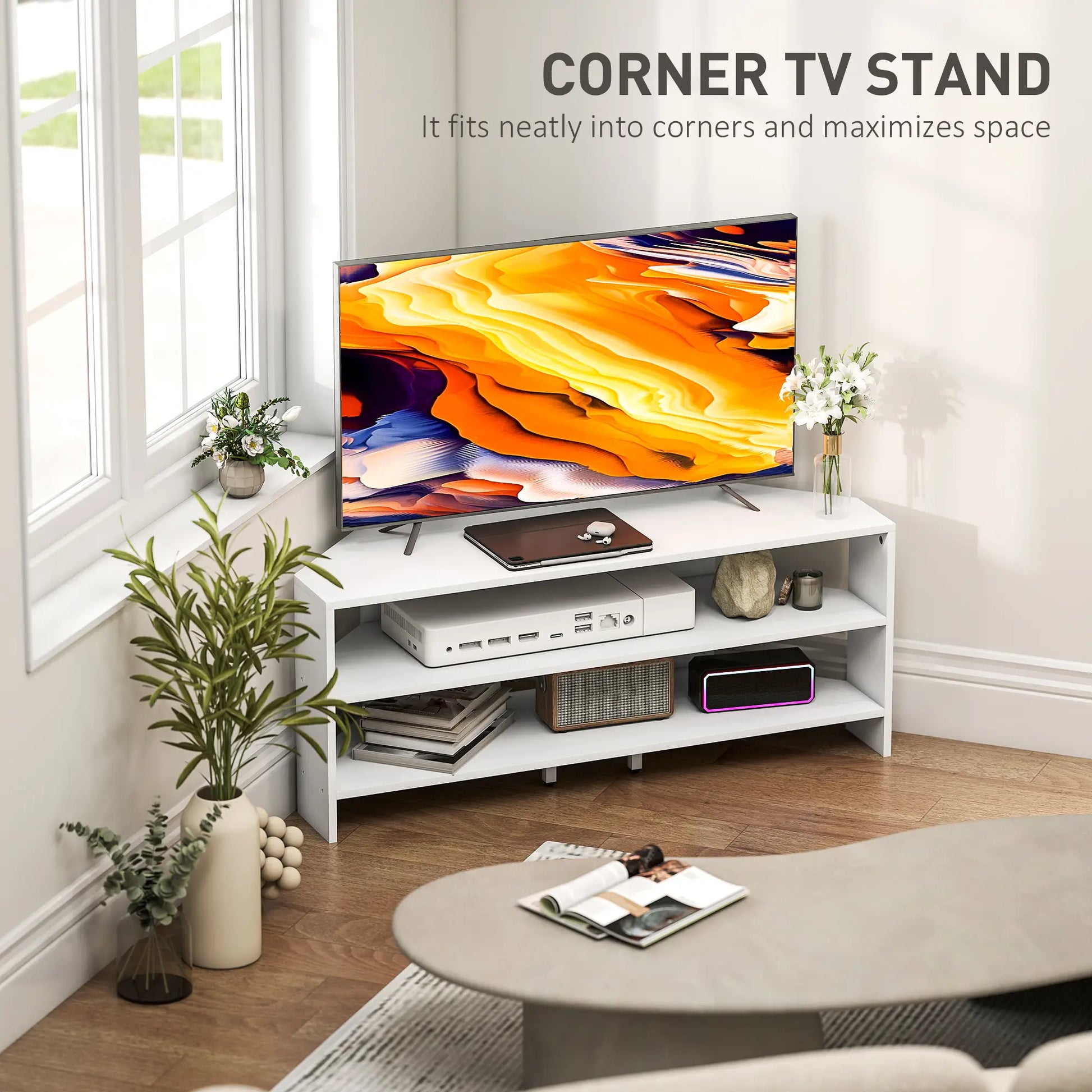 Corner TV Stand, Modern Table with 2 Shelves for 47 Inch TV, White TV Stands at Gallery Canada