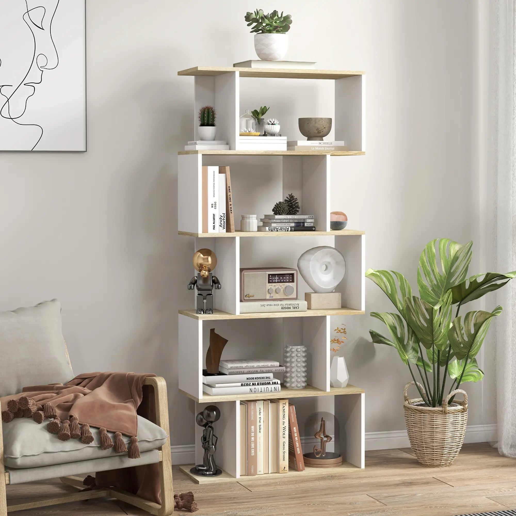 5-Tier Geometric S Shaped Bookcase, Tall Narrow Display Shelf, White Display Bookshelves at Gallery Canada