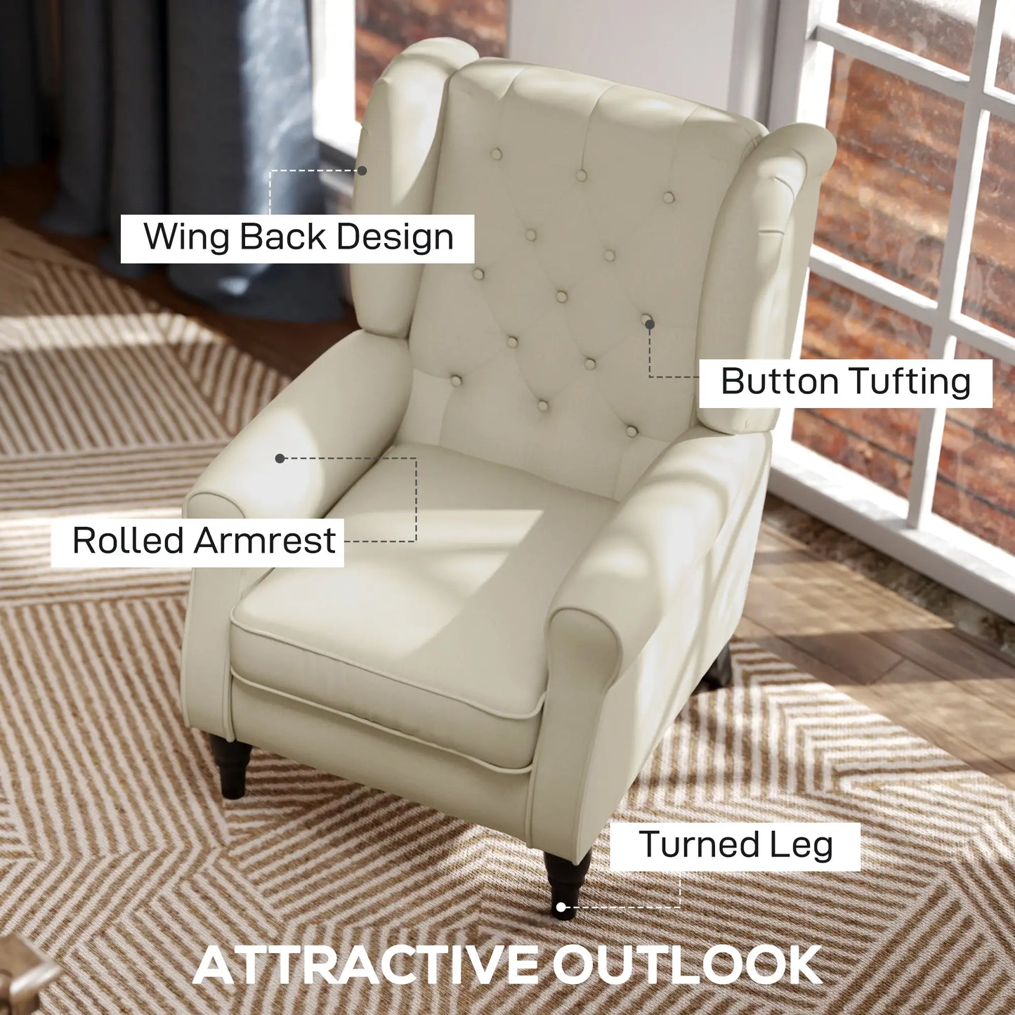 Fabric Accent Chair, Button Tufted Armchair, Upholstered Wingback Chair, White Accent Chairs at Gallery Canada