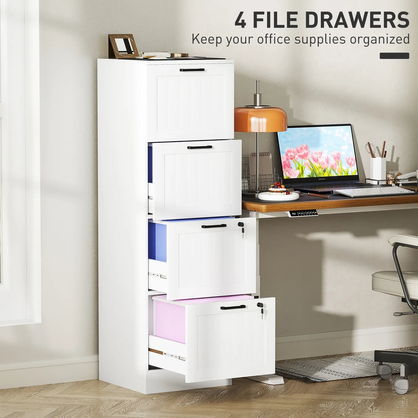 4 Drawer Filing Cabinet with Lock, Office Storage, A4 Letter Size, White Office Cabinets & Cupboards at Gallery Canada