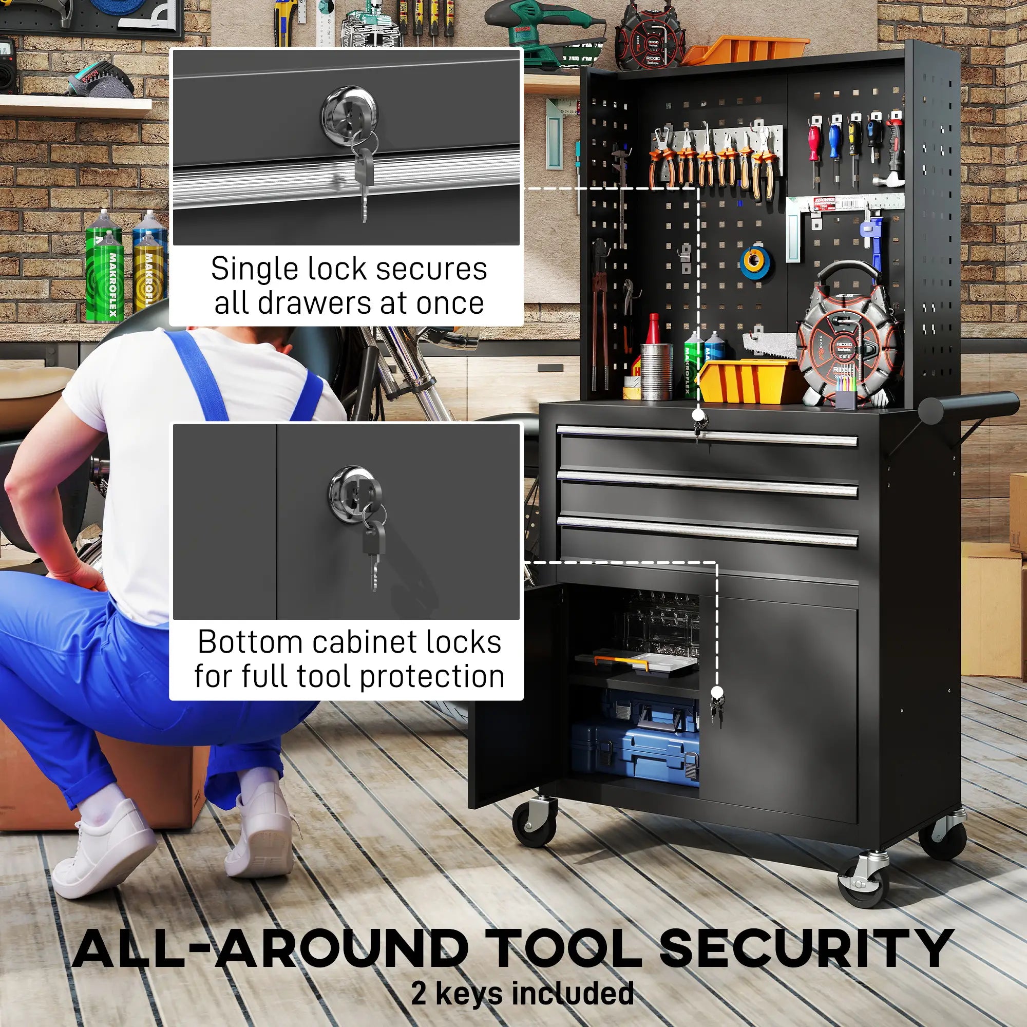 Rolling Tool Cabinet with Pegboard, Lockable Tool Chest, Mobile Tool Storage Organizer for Garage and Workshop, Black Tool Organizers at Gallery Canada