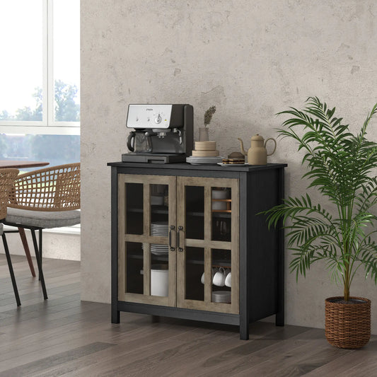 Kitchen Sideboard, Glass Door Buffet Cabinet, 2 Glass Doors, Adjustable Shelf, Black Wood Grain Bar Cabinets Black Wood Grain, Natural Wood Effect at Gallery Canada
