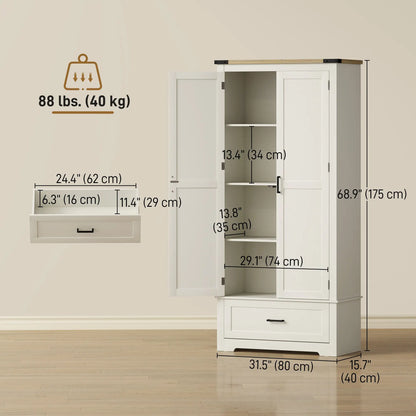 69" Tall Farmhouse Pantry Cabinet, 2 Doors, Drawer, Cream White Kitchen Pantry Cabinets at Gallery Canada