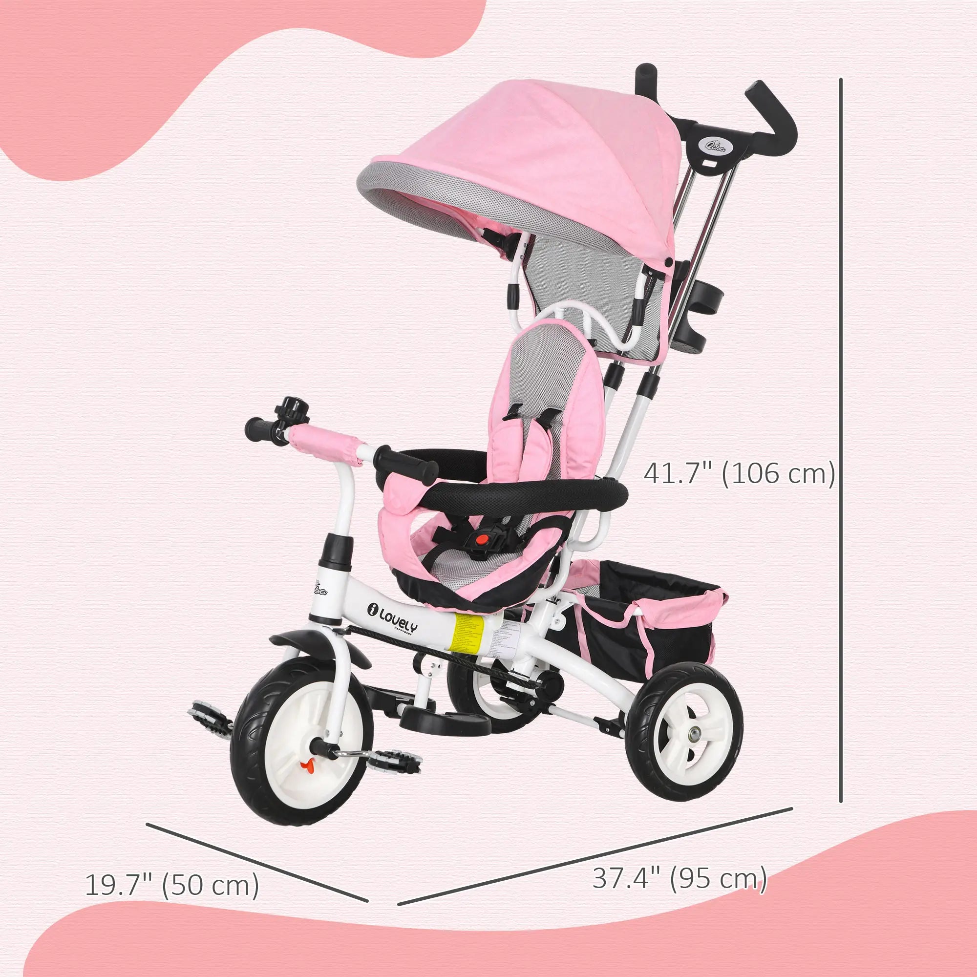 6 in 1 Toddler Tricycle Stroller with Basket, Canopy, 5-point Safety Harness, for 12-60 Months, Pink Tricycles for Kids at Gallery Canada
