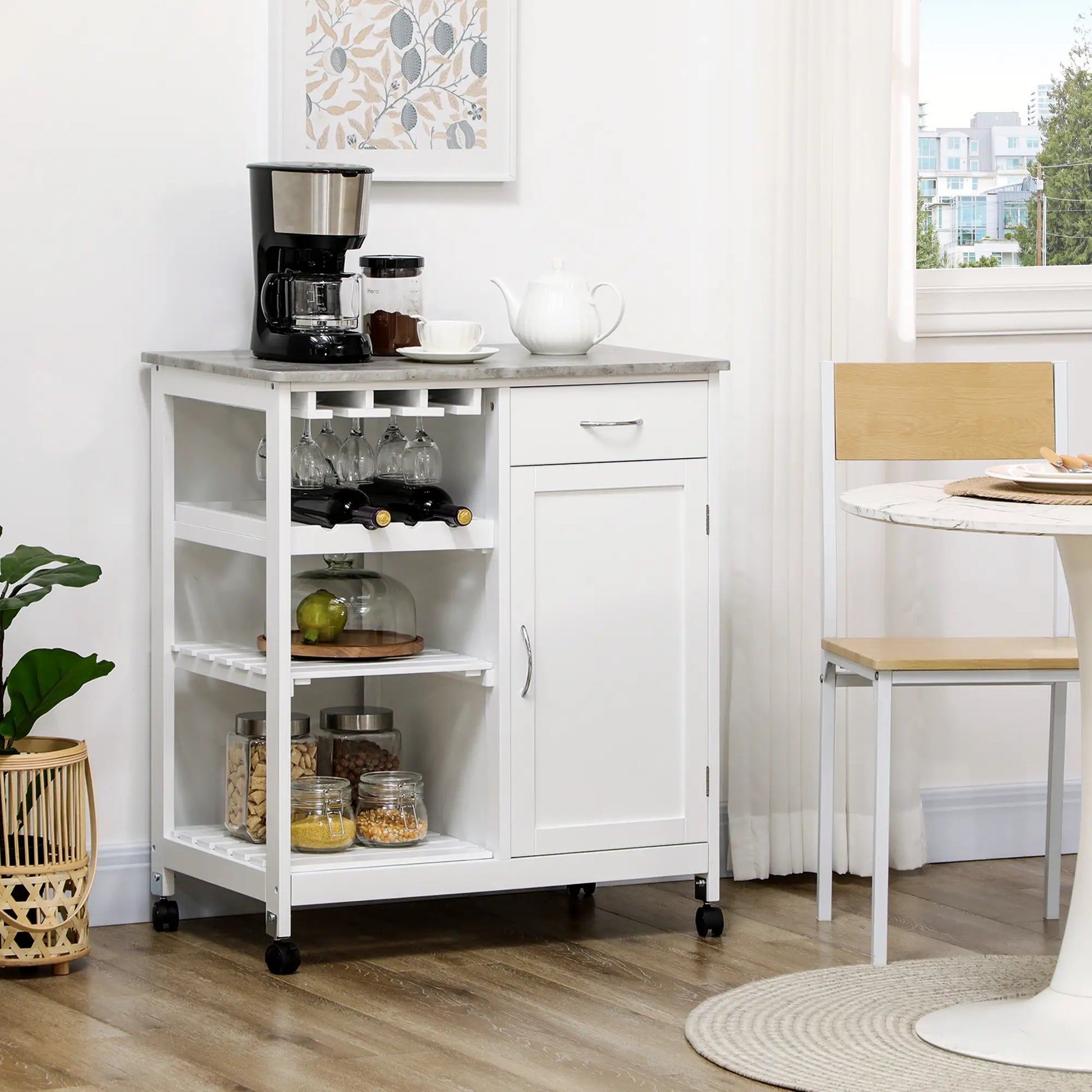 Rolling Kitchen Cart, Bar Cart with Wine Rack, Drawer, Shelves, White Kitchen Islands & Kitchen Carts at Gallery Canada