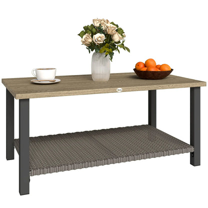 2-Tier Rectangle Outdoor Coffee Table, Wood-Effect Metal Top, Wicker Shelf, Brown Patio Side Tables at Gallery Canada