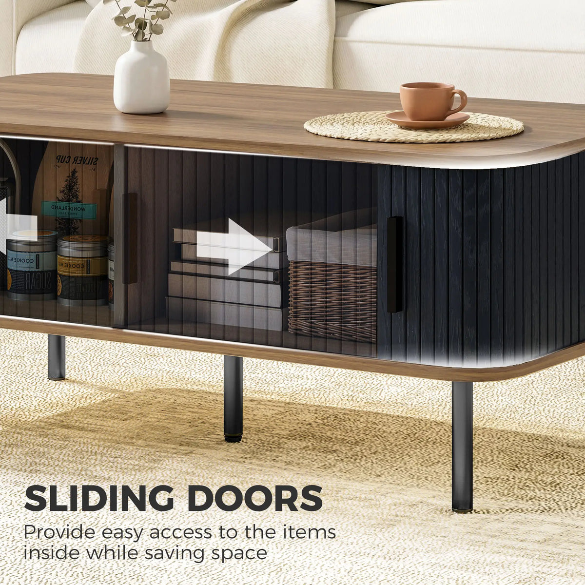 Nordic Side Table with Fluted Tambour Sliding Doors and Steel Legs, Coffee Table with Storage for Living Room, Black Coffee Tables at Gallery Canada