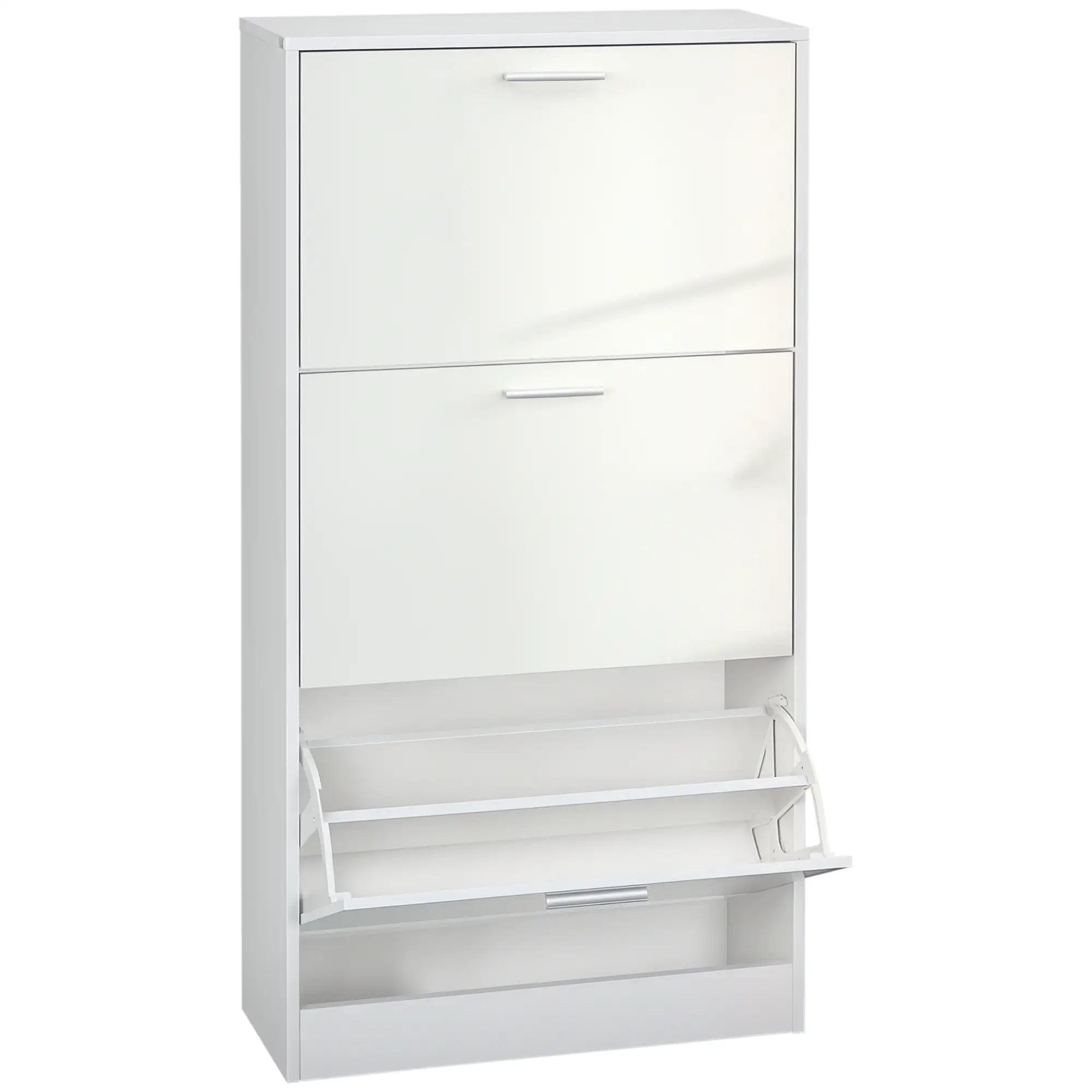 Slim Shoe Storage, 3 Flip Drawers, Adjustable Shelves, 15 Pair, High Gloss, White Shoe Storage Cabinets & Racks High Gloss White at Gallery Canada