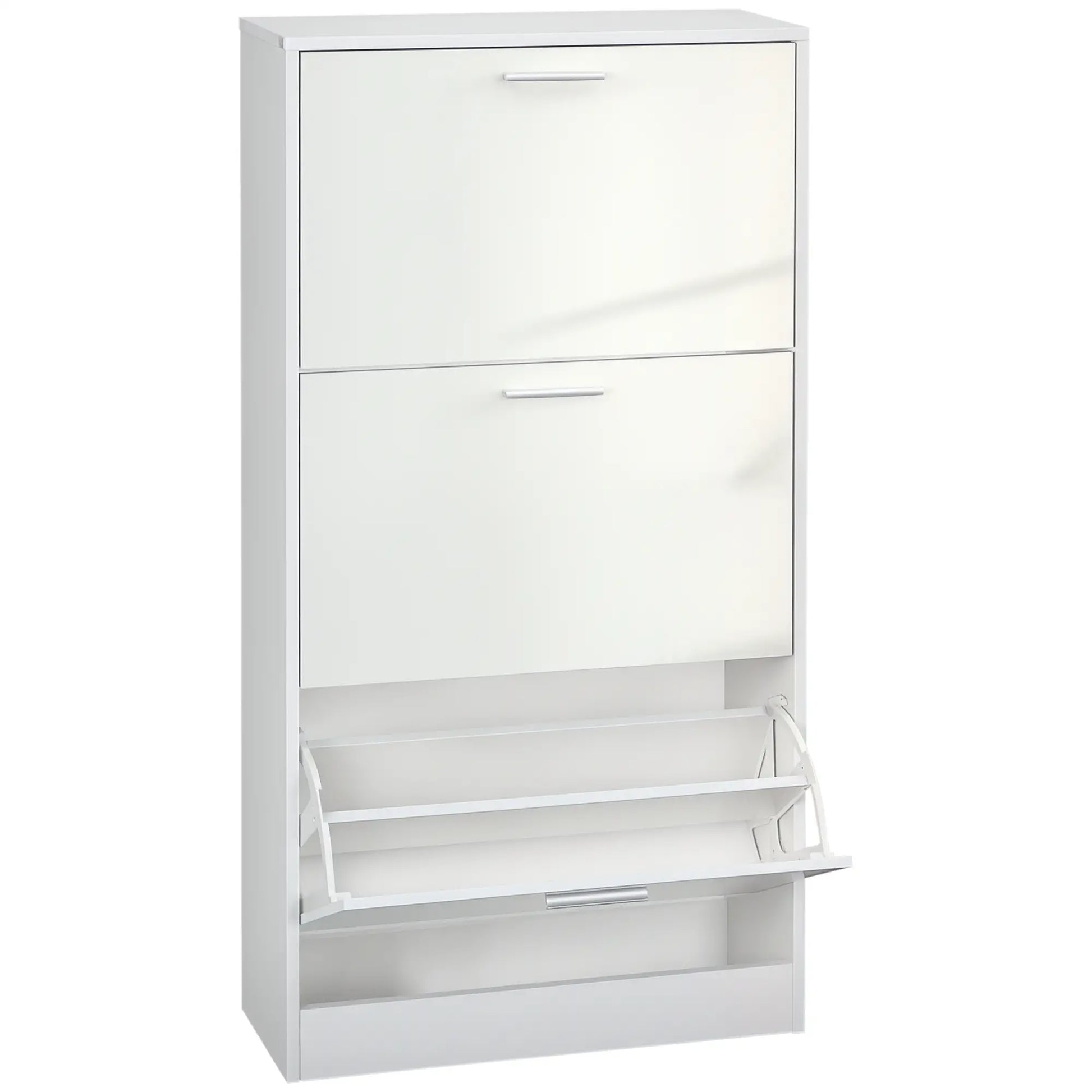 Slim Shoe Storage, 3 Flip Drawers, Adjustable Shelves, 15 Pair, High Gloss, White Shoe Storage Cabinets & Racks High Gloss White at Gallery Canada