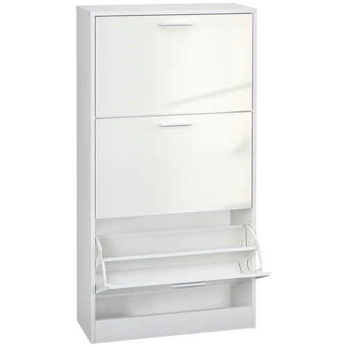 Slim Shoe Storage, 3 Flip Drawers, Adjustable Shelves, 15 Pair, High Gloss, White