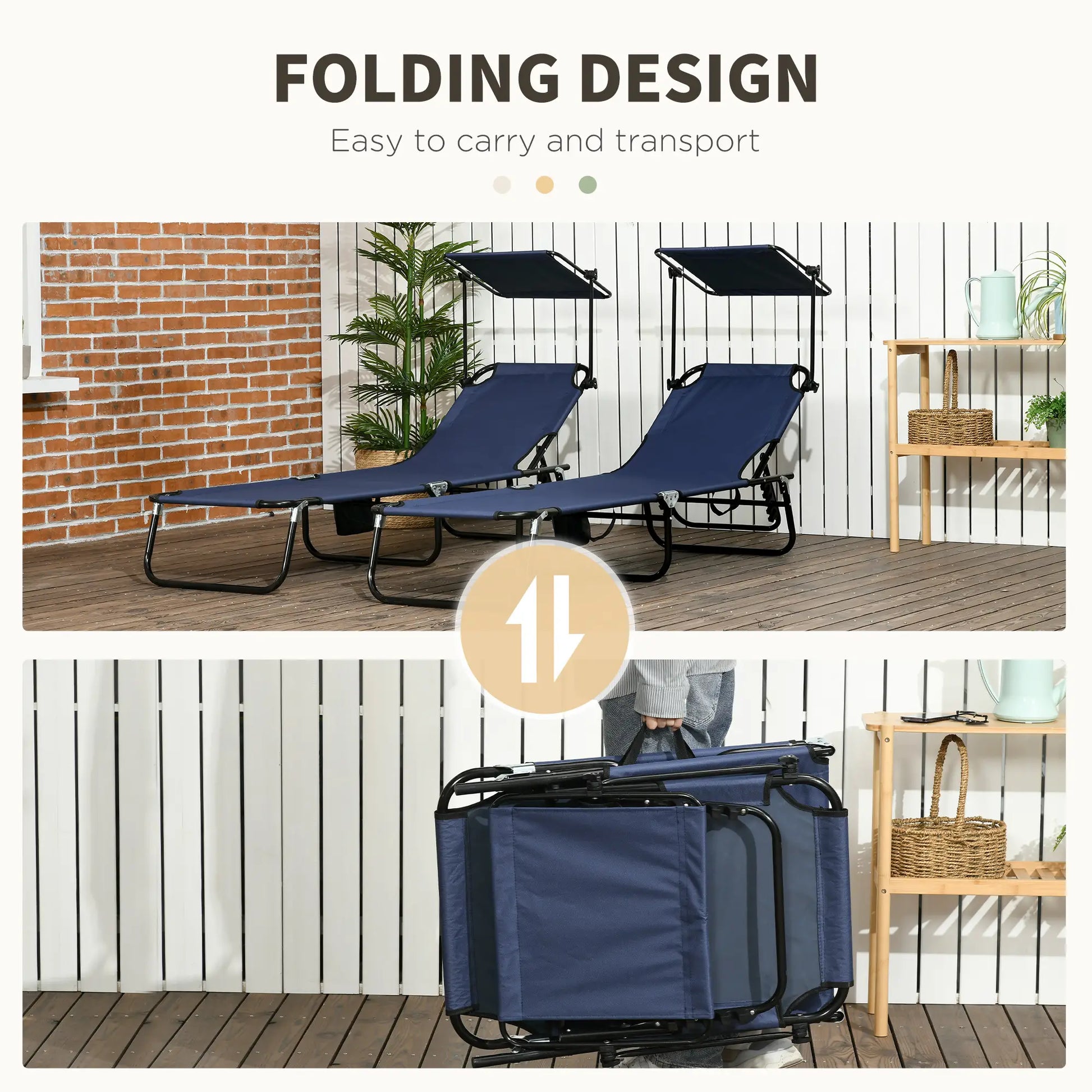 2 Piece Folding Chaise Lounges, Reclining Back, Sunshade, Blue Lounger Chairs at Gallery Canada