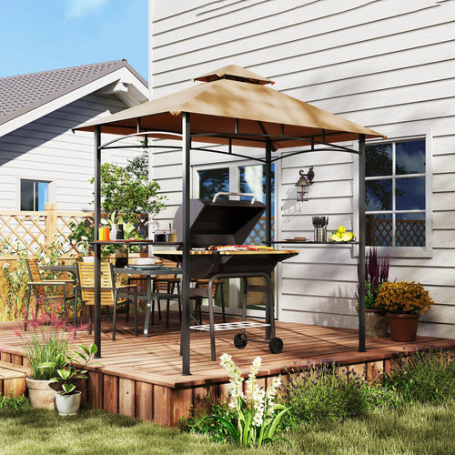 8' x 5' BBQ Grill Gazebo Tent, Double Tiered Canopy, Outdoor Sun Shade, Khaki