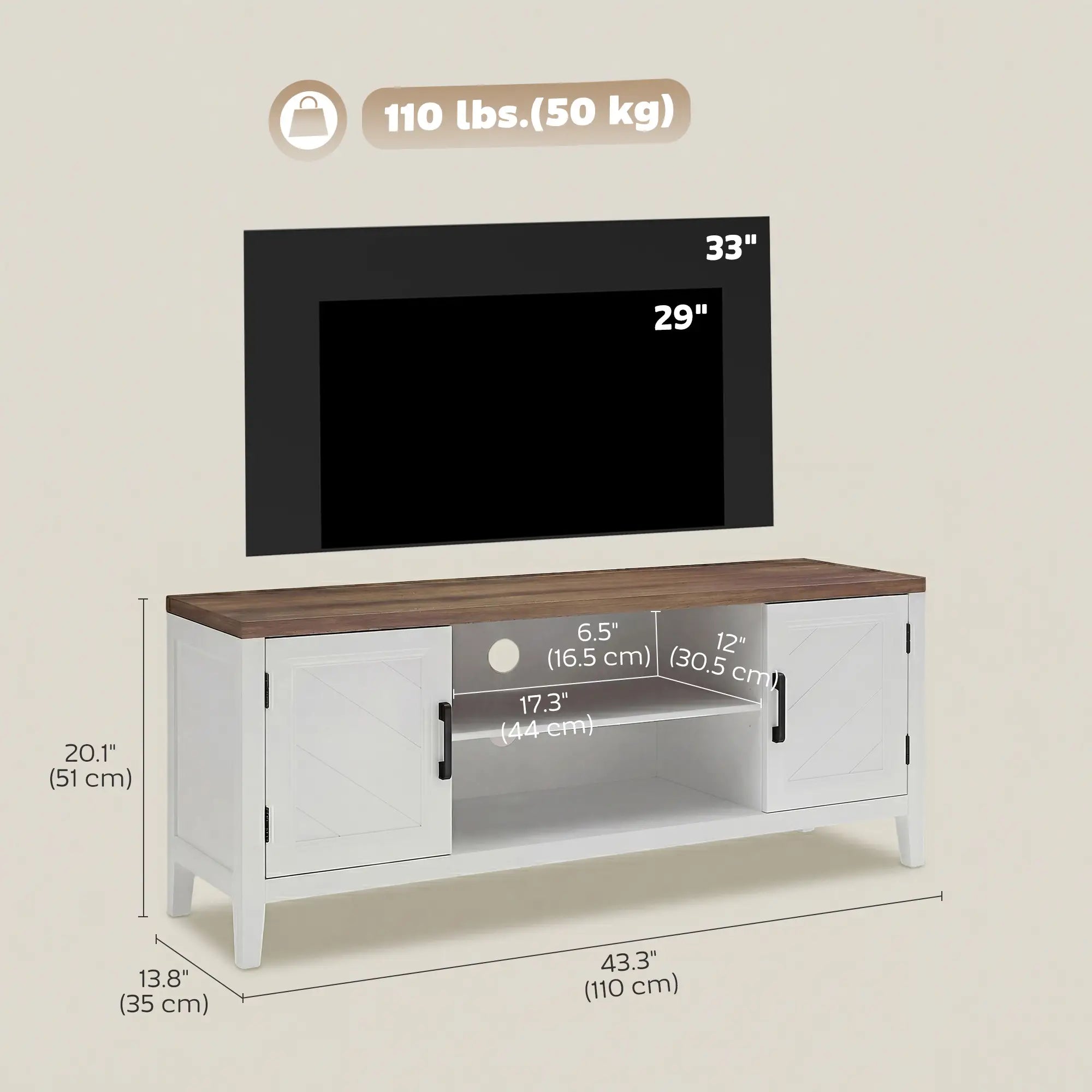 TV Stand for 55 Inch TV, Entertainment Center with Shelves, White and Brown TV Stands at Gallery Canada