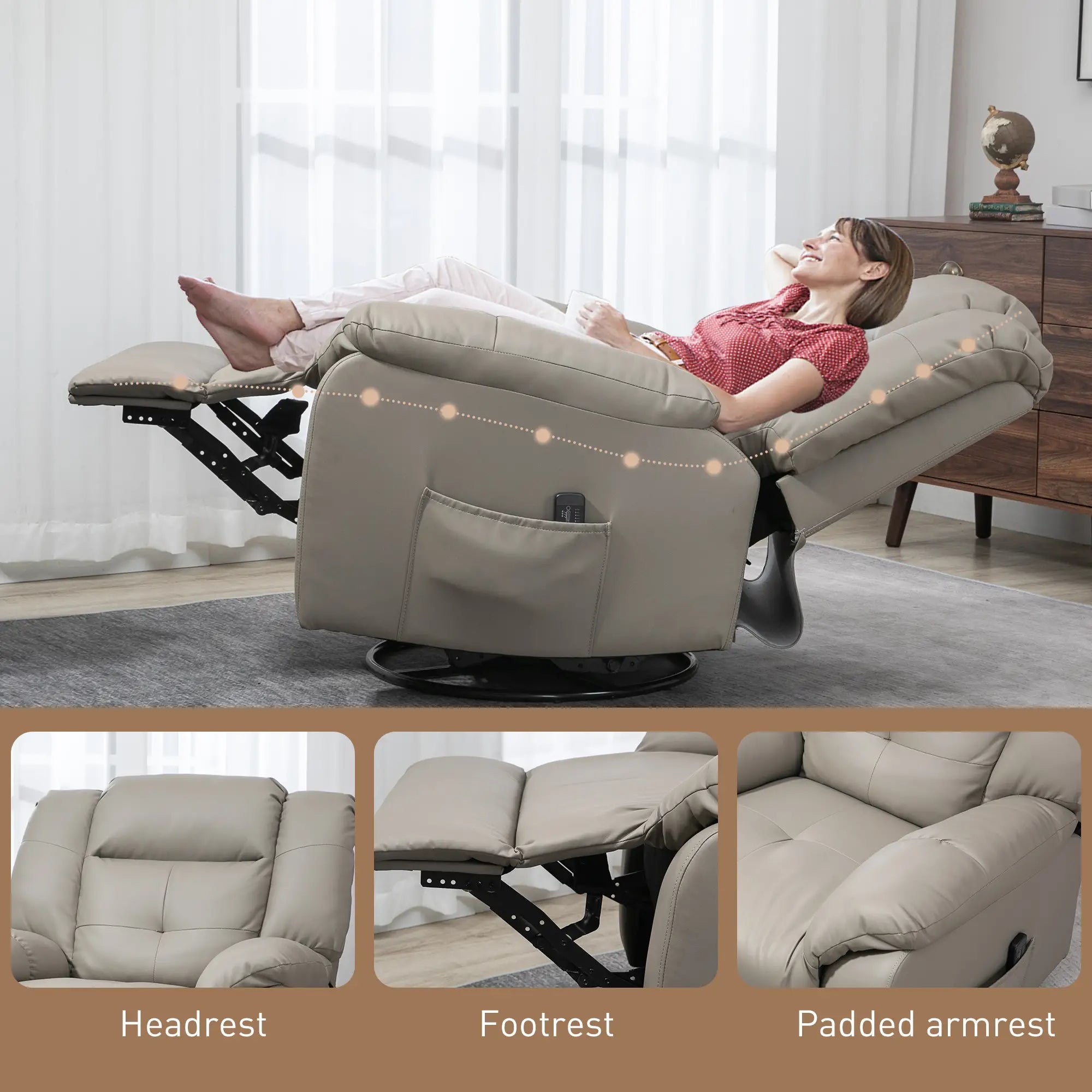 8-Point Vibration Massage Recliner, PU Leather 360° Swivel, Grey Single Sofas at Gallery Canada