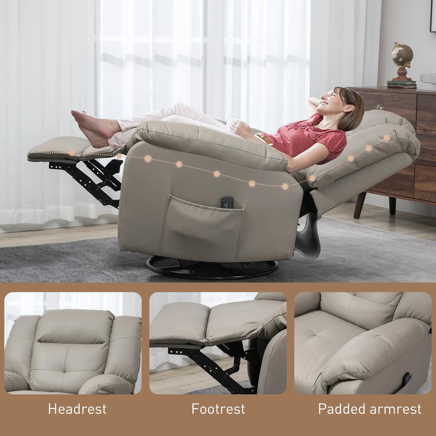 8-Point Vibration Massage Recliner, PU Leather 360° Swivel, Grey Single Sofas at Gallery Canada