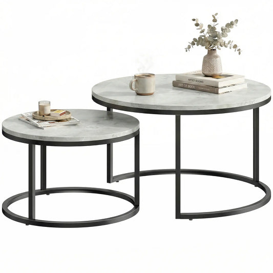 Coffee Table Set Of 2, Nesting Side Tables, Metal Base, Marble Grey, Grey Coffee Tables Marble Grey at Gallery Canada