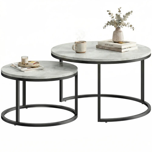 Coffee Table Set Of 2, Nesting Side Tables, Metal Base, Marble Grey, Grey