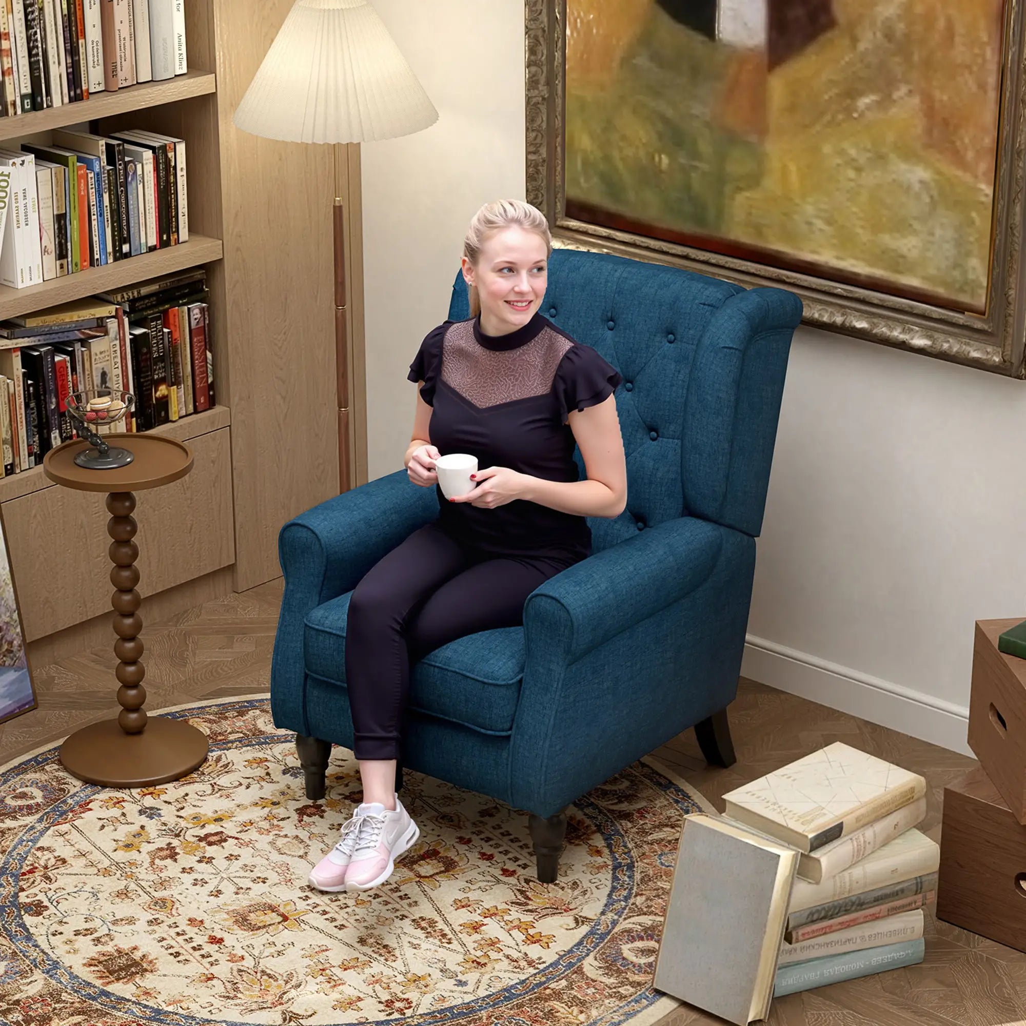 Fabric Accent Chair, Button Tufted Armchair, Upholstered with Wood Legs, Blue Single Sofas at Gallery Canada