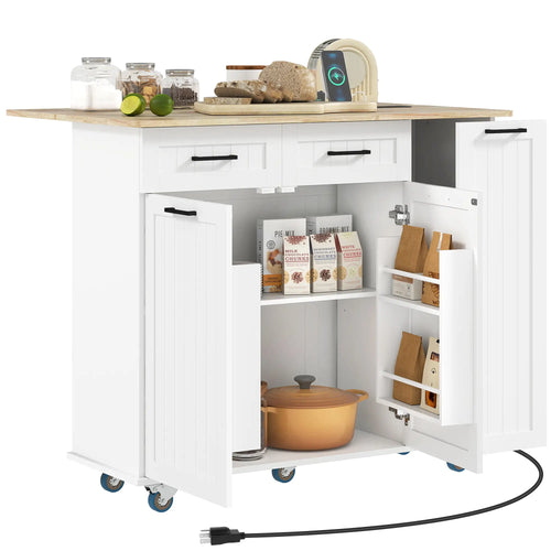 Kitchen Island on Wheels, Wood Drop Leaf, Charging Station, Adjustable Shelf, White