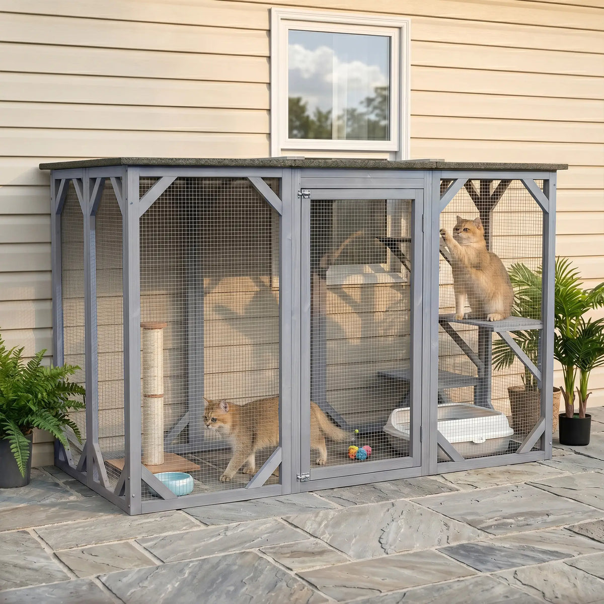 44.1" H Cat Cage, Indoor Outdoor Wooden Pet House, Small Animal Hutch, Grey Outdoor Cat Enclosures at Gallery Canada