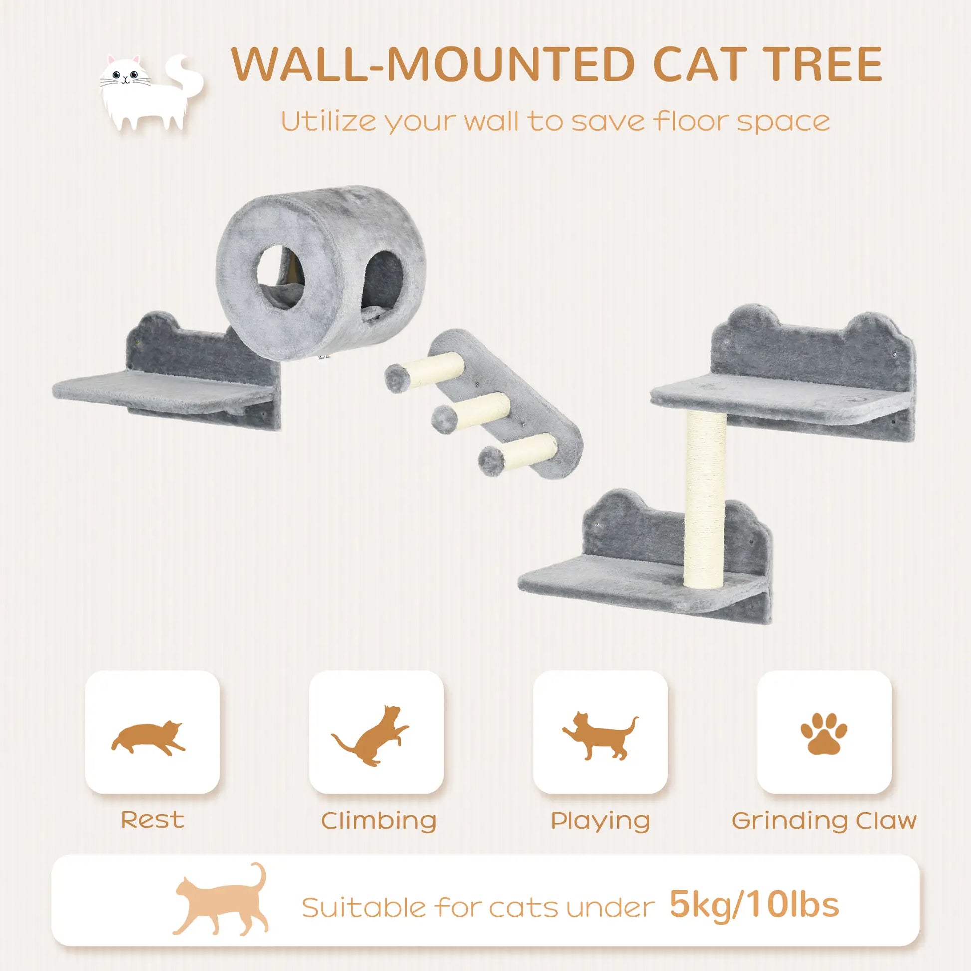 4 Pcs 9.3" H Cat Wall Shelves, Pet Climbing Shelf Set, Grey Cat Climbing Wall at Gallery Canada