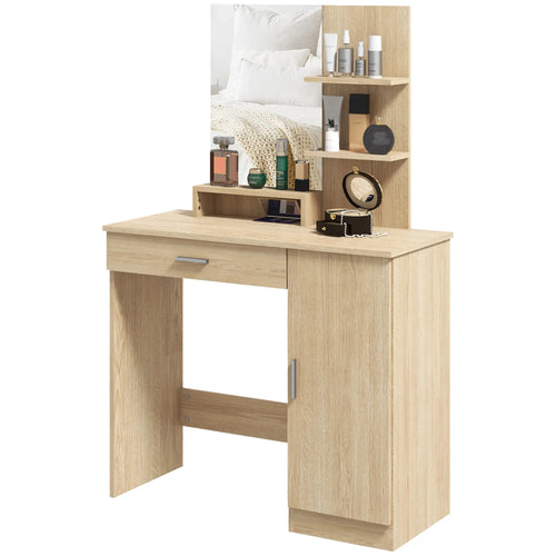 Vanity Table with Mirror, Drawer, Storage Shelves, 35.4 x 15 x 54.3 Inches, Natural Wood