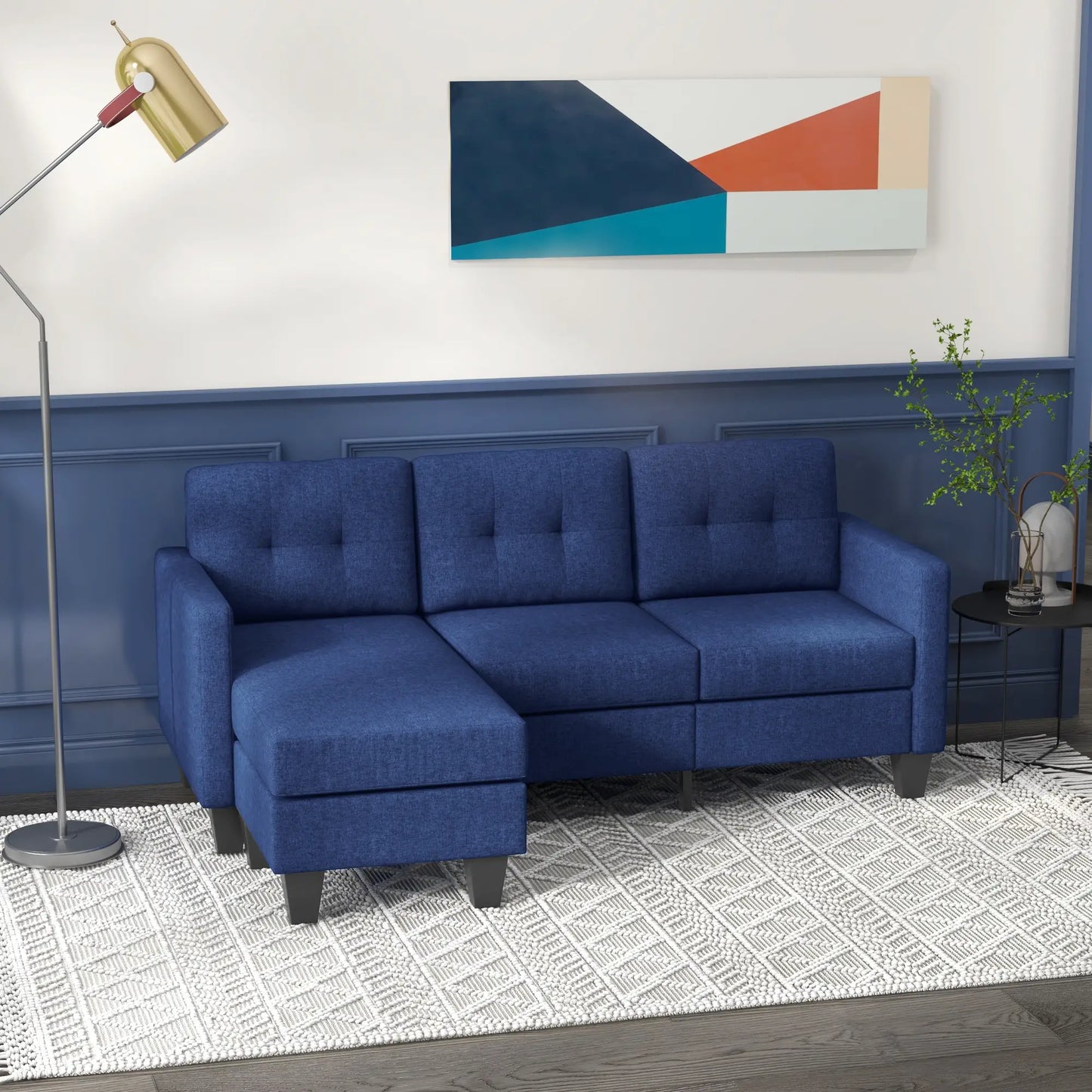 L-shaped Sofa, 3 Seater Sectional Couch with Ottoman, Corner Sofa with Thick Padded Cushion and Wood Legs, Dark Blue 3-Seater Sofas at Gallery Canada