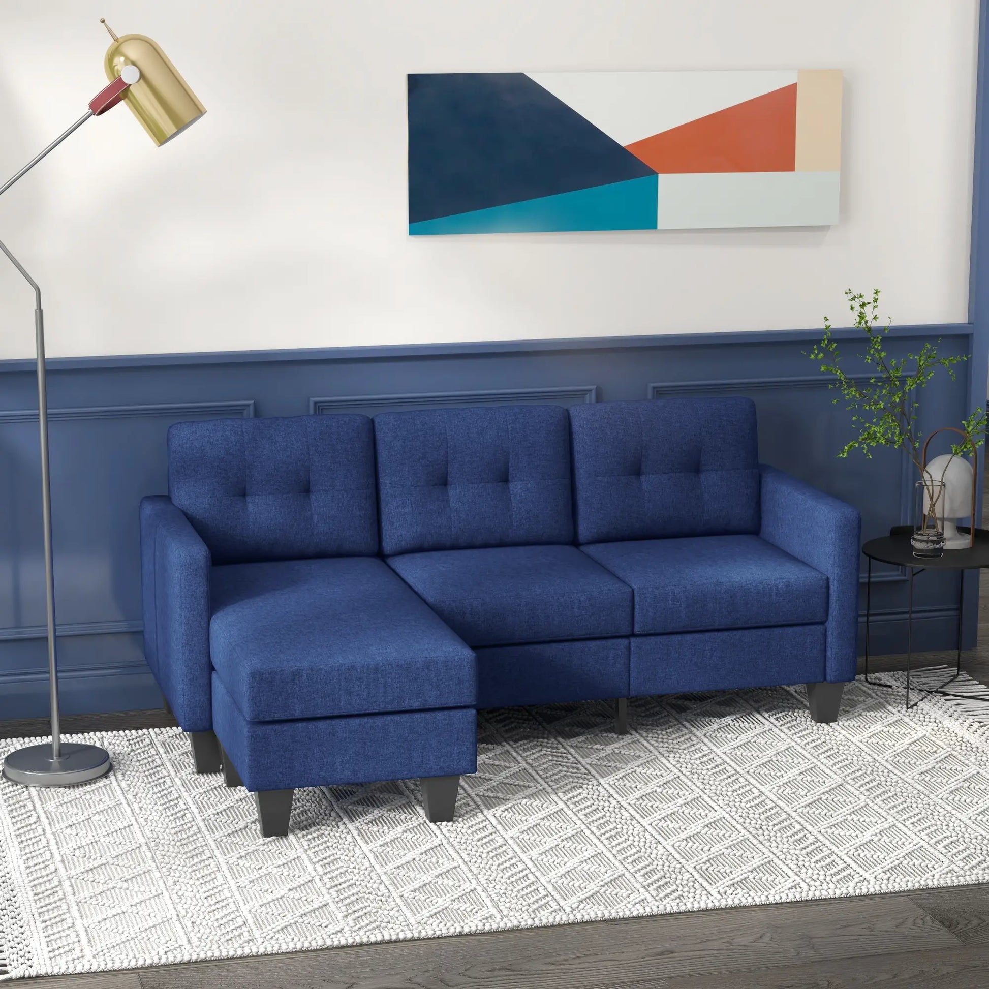 L-shaped Sofa, 3 Seater Sectional Couch with Ottoman, Corner Sofa with Thick Padded Cushion and Wood Legs, Dark Blue 3-Seater Sofas at Gallery Canada
