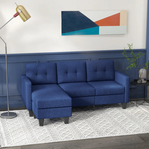 L-shaped Sofa, 3 Seater Sectional Couch with Ottoman, Corner Sofa with Thick Padded Cushion and Wood Legs, Dark Blue