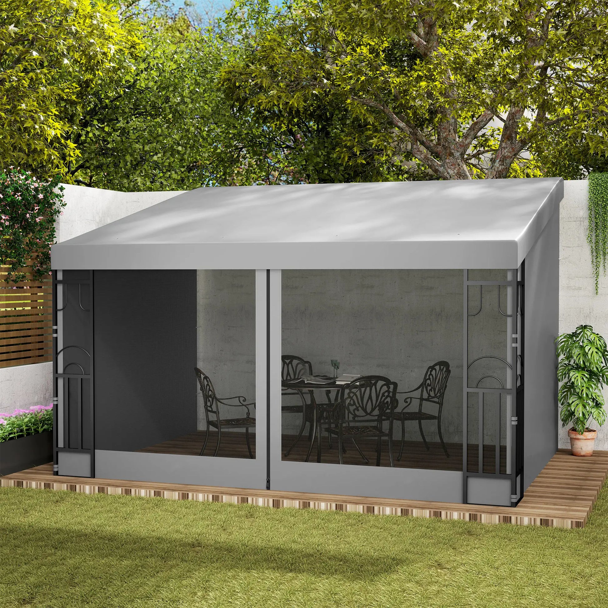 10' x 13' Wall Pergola, Outdoor Gazebo, 2 Curtains, 2 Nettings, UV Resistant, Light Grey Pergolas at Gallery Canada
