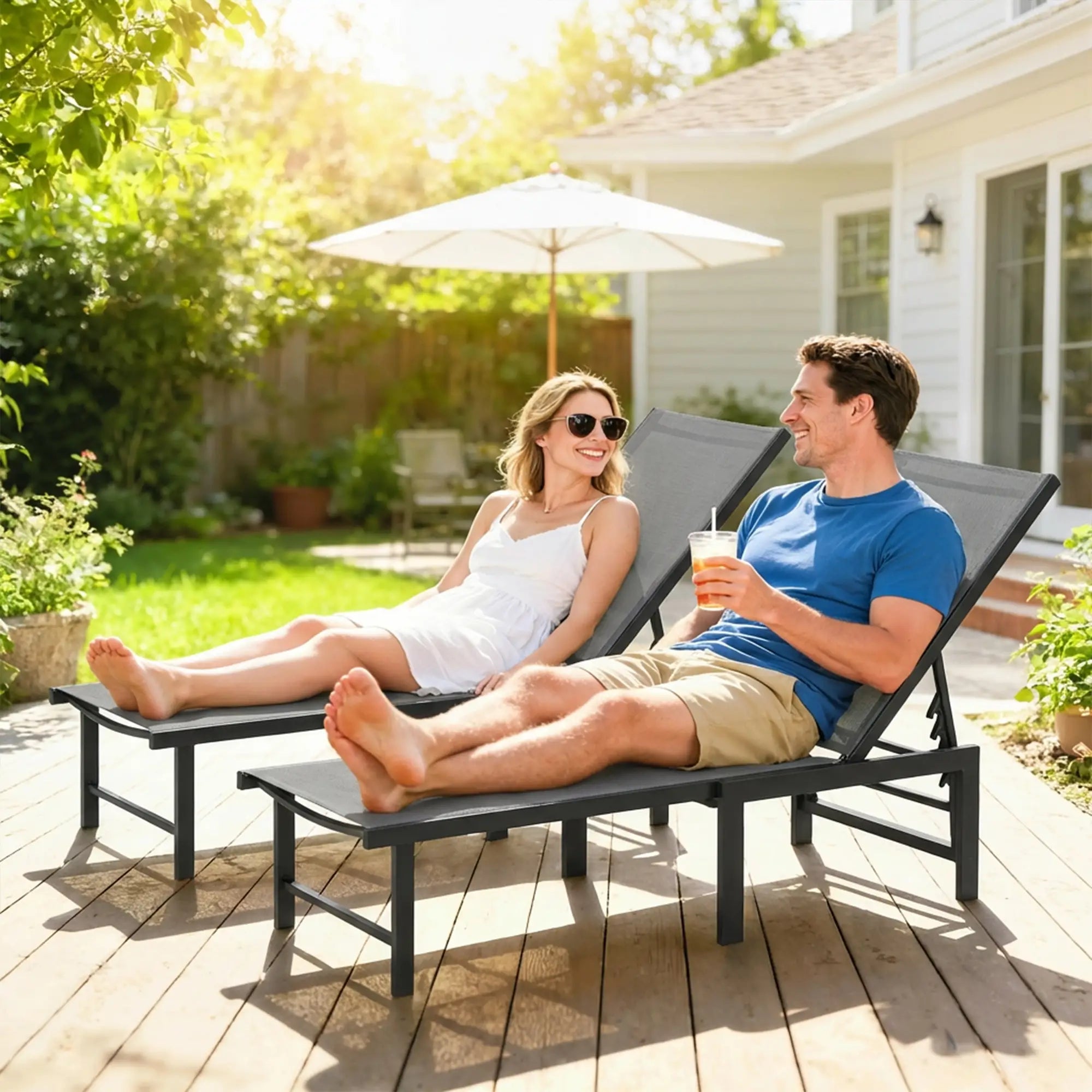 Outdoor Lounge Chair Set Of 2, 5-Position Reclining Chaise With Mesh Seat, Grey Lounger Chairs at Gallery Canada