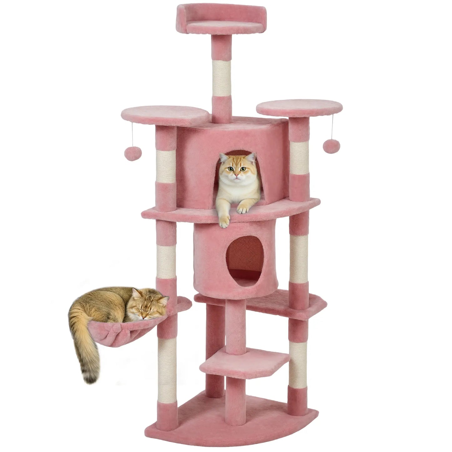 62" Cat Tree With Scratching Post, 2 Condos, Hammock, Pink