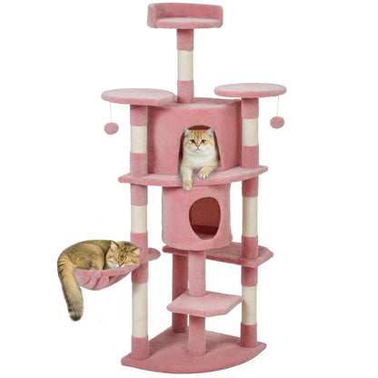 62" Cat Tree With Scratching Post, 2 Condos, Hammock, Pink