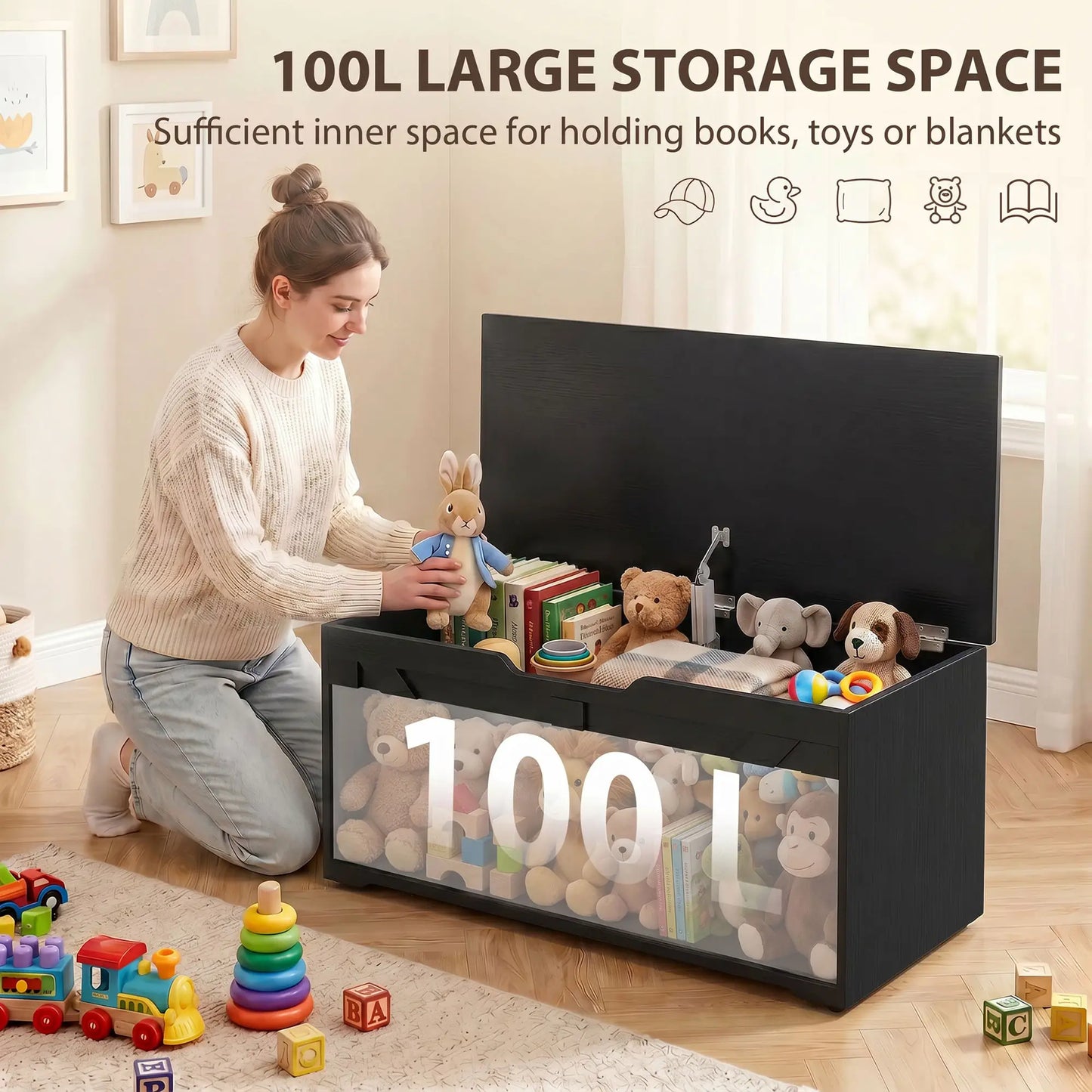 31.5 Inch Storage Chest Trunk with Safety Hinge, Black Wood Grain, Black