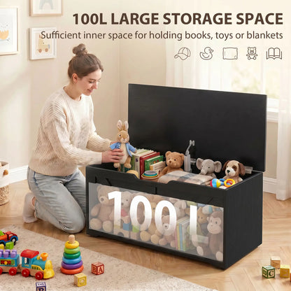 31.5 Inch Storage Chest Trunk with Safety Hinge, Black Wood Grain, Black