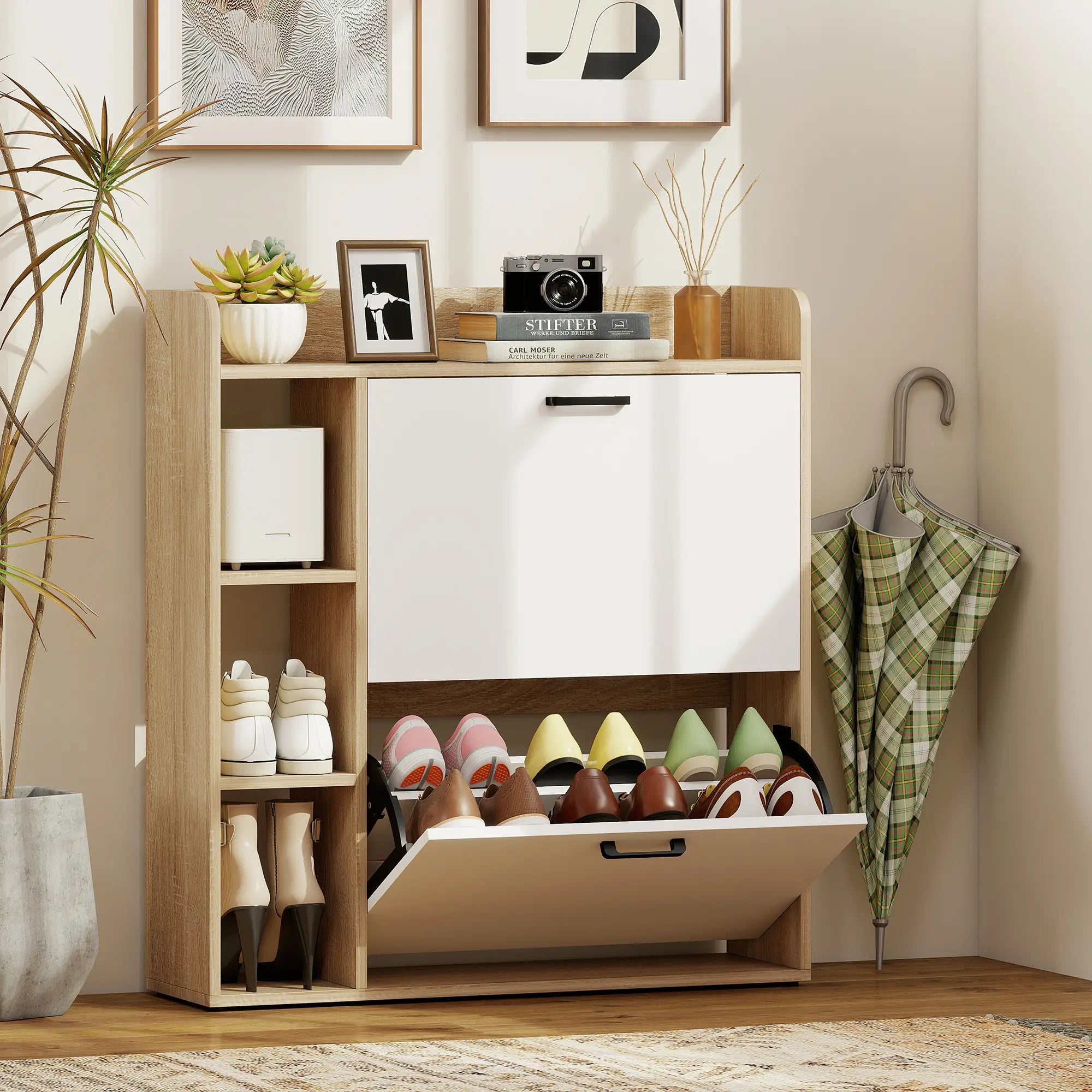Shoe Cabinet with 2 Flip Drawers, 3 Side Compartments, Adjustable Shelves, 8-12 Pairs for Entryway Hallway, Natural Shoe Storage Cabinets & Racks at Gallery Canada