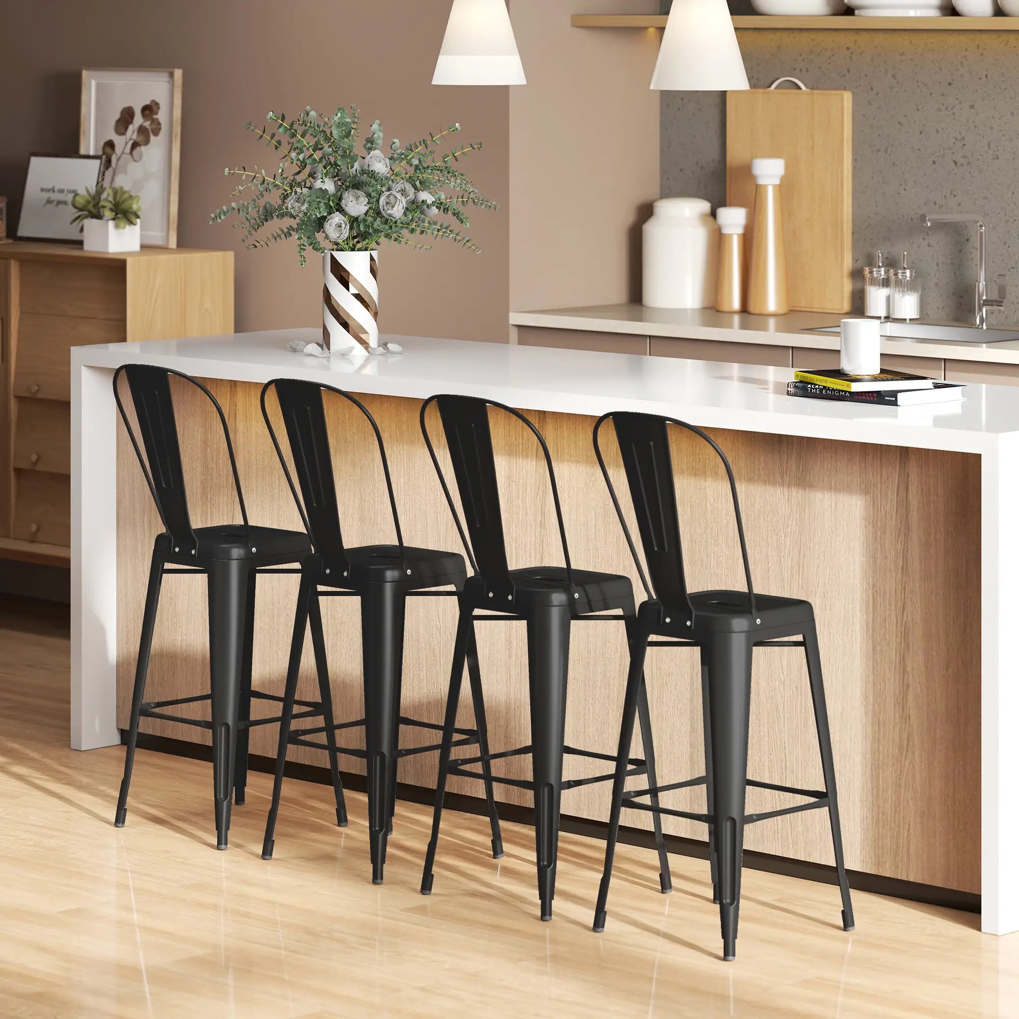 24 Inch Bar Stools, Set of 4, Industrial Kitchen, Black Metal Frame, Black Bar Stools at Gallery Canada