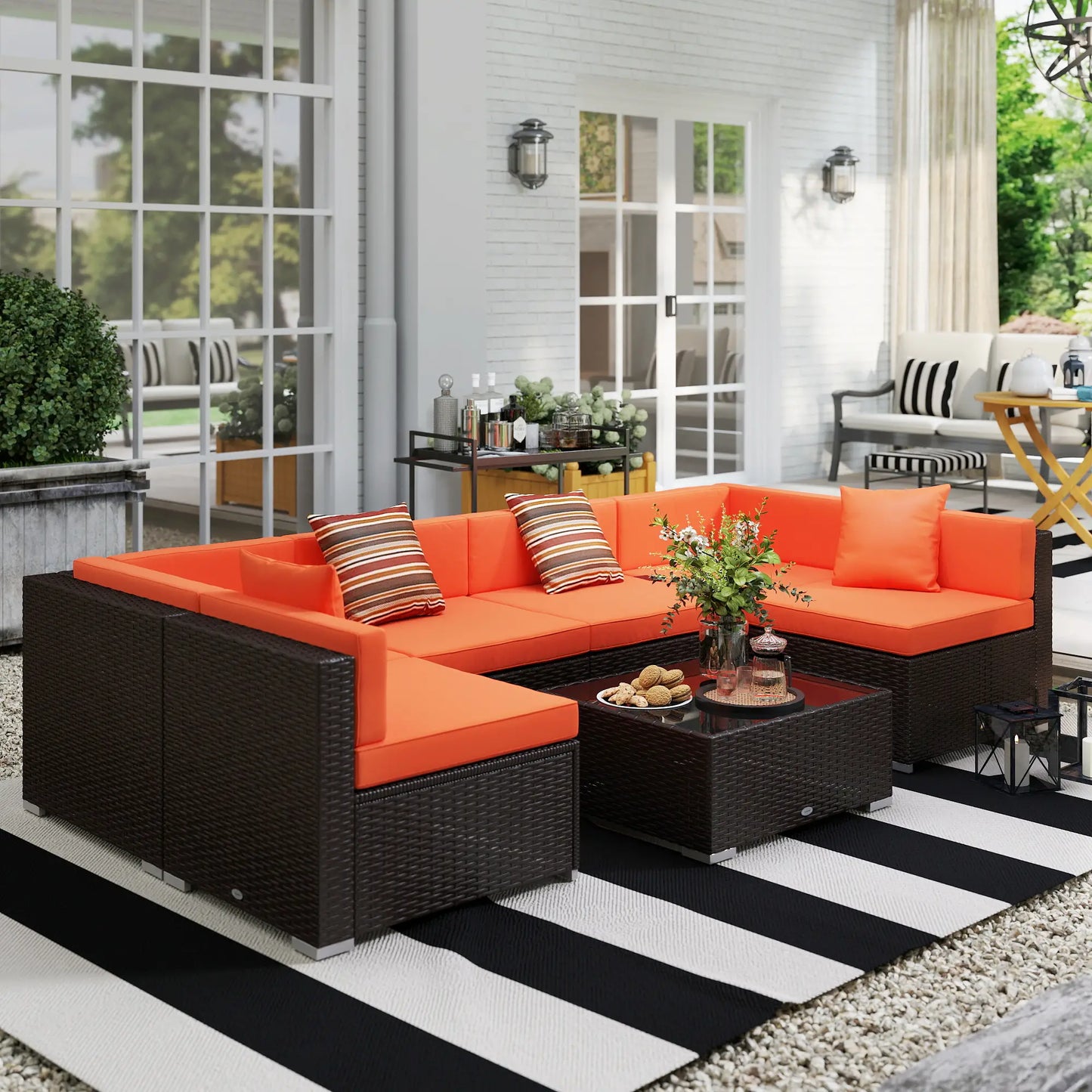 7pcs Garden Wicker Sectional Set, Tea Table, Patio Rattan Sofa, Cushion, Outdoor Deck, Orange Patio Furniture Sets at Gallery Canada