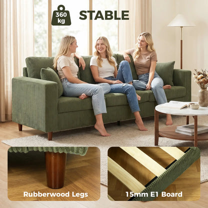 Canapé en velours côtelé 3 places, coussin à ressorts à assise profonde, vert