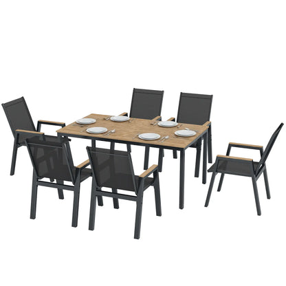 7 Piece Outdoor Dining Set, Rectangle Patio Table, 6 Mesh Chairs