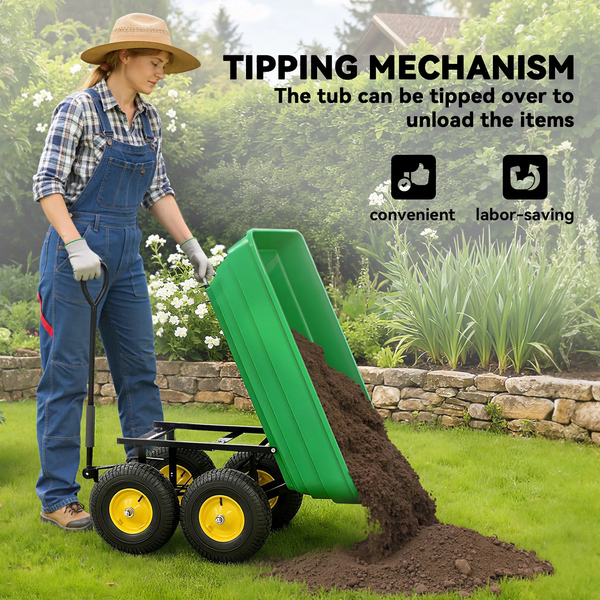Heavy Duty Garden Dump Cart, 440lbs, Steel Frame, 10'' Pneumatic Tires, Green Folding Garden Carts at Gallery Canada
