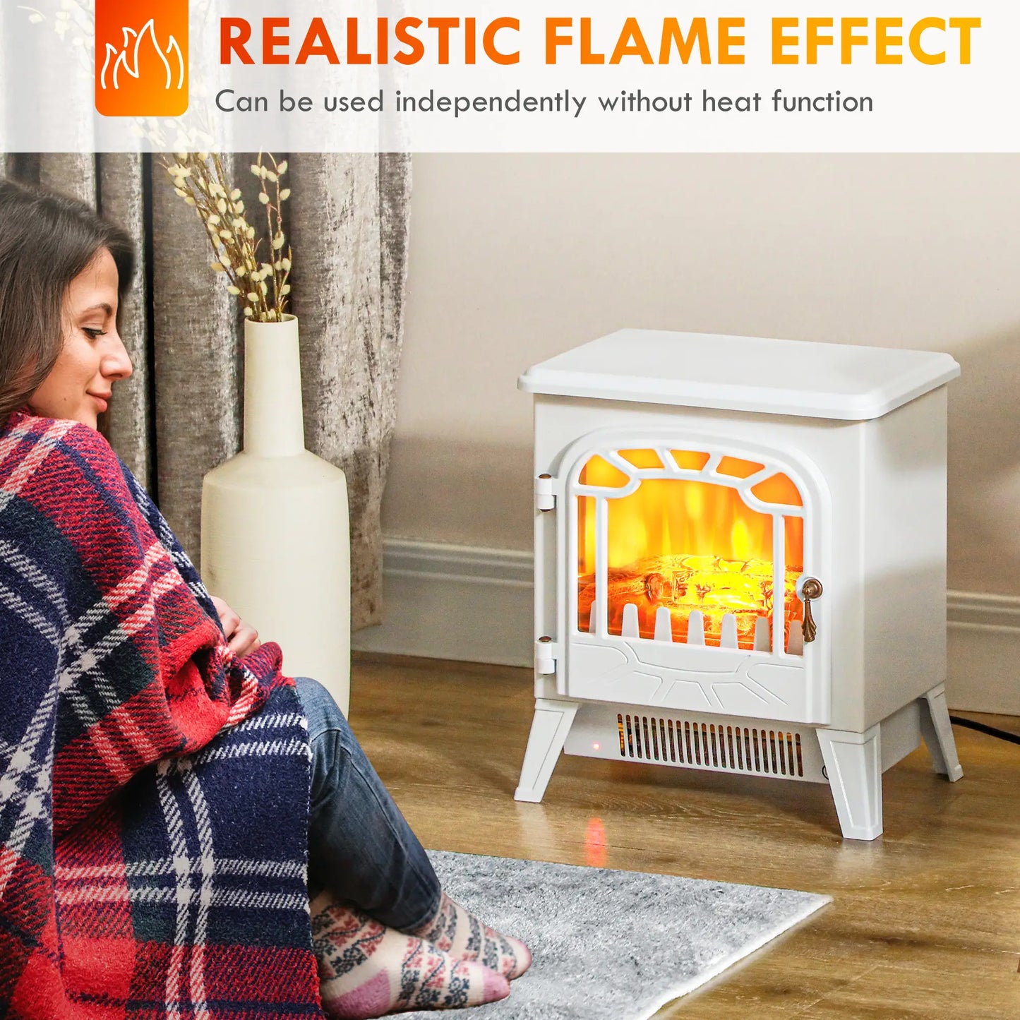 Freestanding Electric Fireplace Heater, Overheat Protection, Realistic Flame, 750W/1500W, White Electric Fireplaces at Gallery Canada