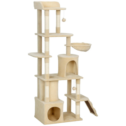 67" Large Cat Tree with 7 Scratching Posts, Tunnel, 2 Condos, Hammock, Perch, Ramp, Pompoms, Beige