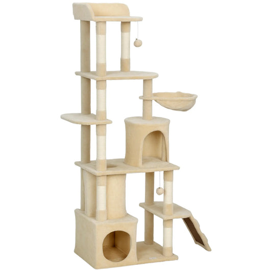 67" Large Cat Tree with 7 Scratching Posts, Tunnel, 2 Condos, Hammock, Perch, Ramp, Pompoms, Beige Multi-Level Cat Towers Beige, Cream White at Gallery Canada