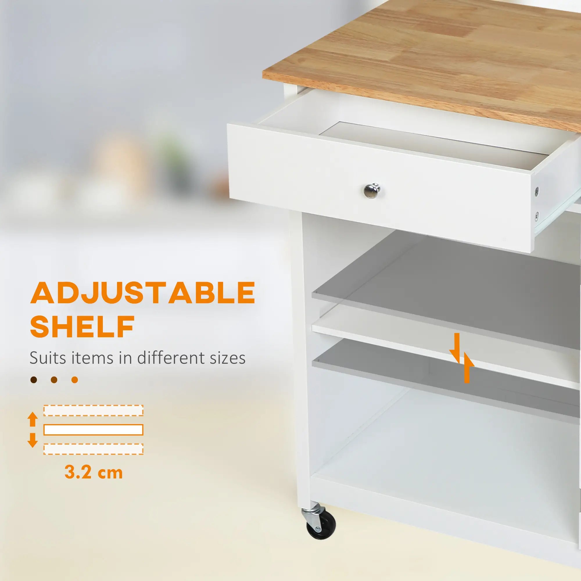 Rolling Kitchen Cart, Drawer Glass Door Cabinet, Island on Wheels, White Kitchen Islands & Kitchen Carts at Gallery Canada