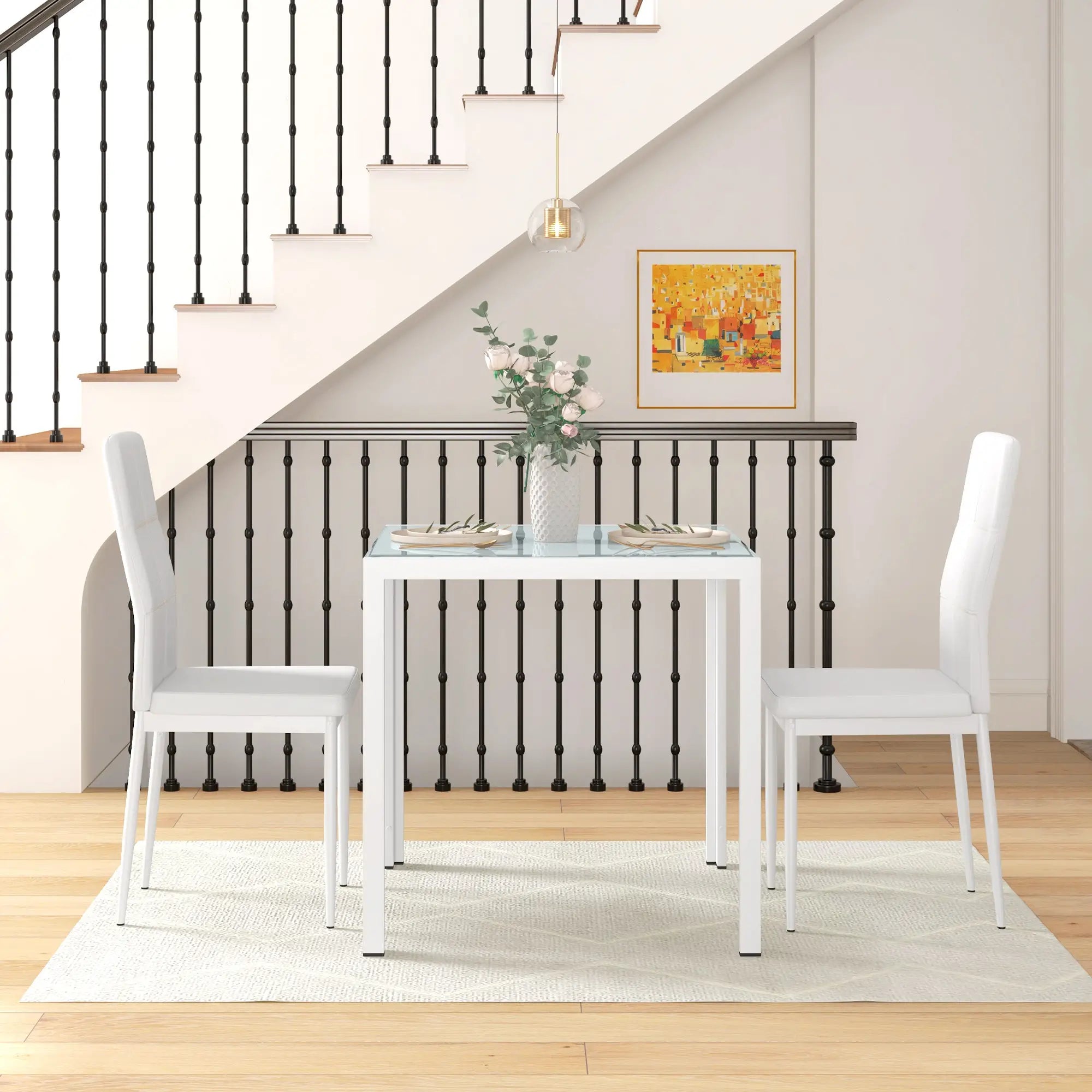 3-Piece Rectangular Glass Dining Table, Metal Frame, Faux Leather Chairs, White Bar Sets at Gallery Canada