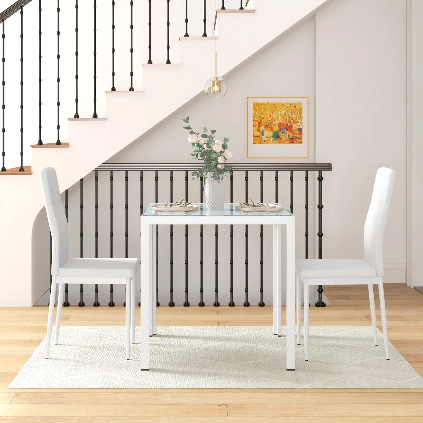 3-Piece Rectangular Glass Dining Table, Metal Frame, Faux Leather Chairs, White Bar Sets at Gallery Canada